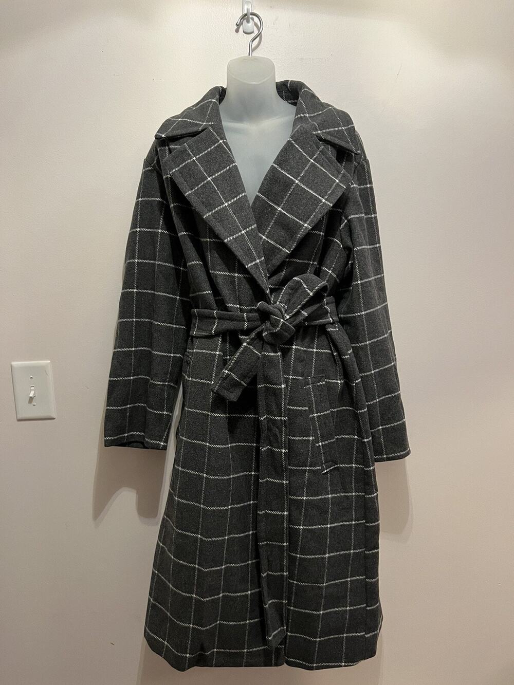 BN A New Day Gray White Plaid Belted Coat Jacket Wool Blend Size L New Winter